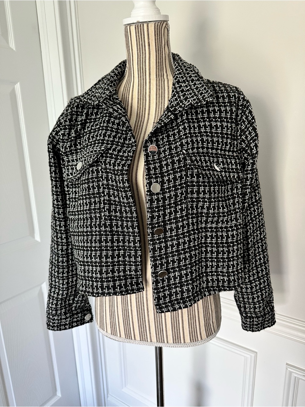 Stoosh Black White Tweed Boucle Jacket Wool Blend Size S